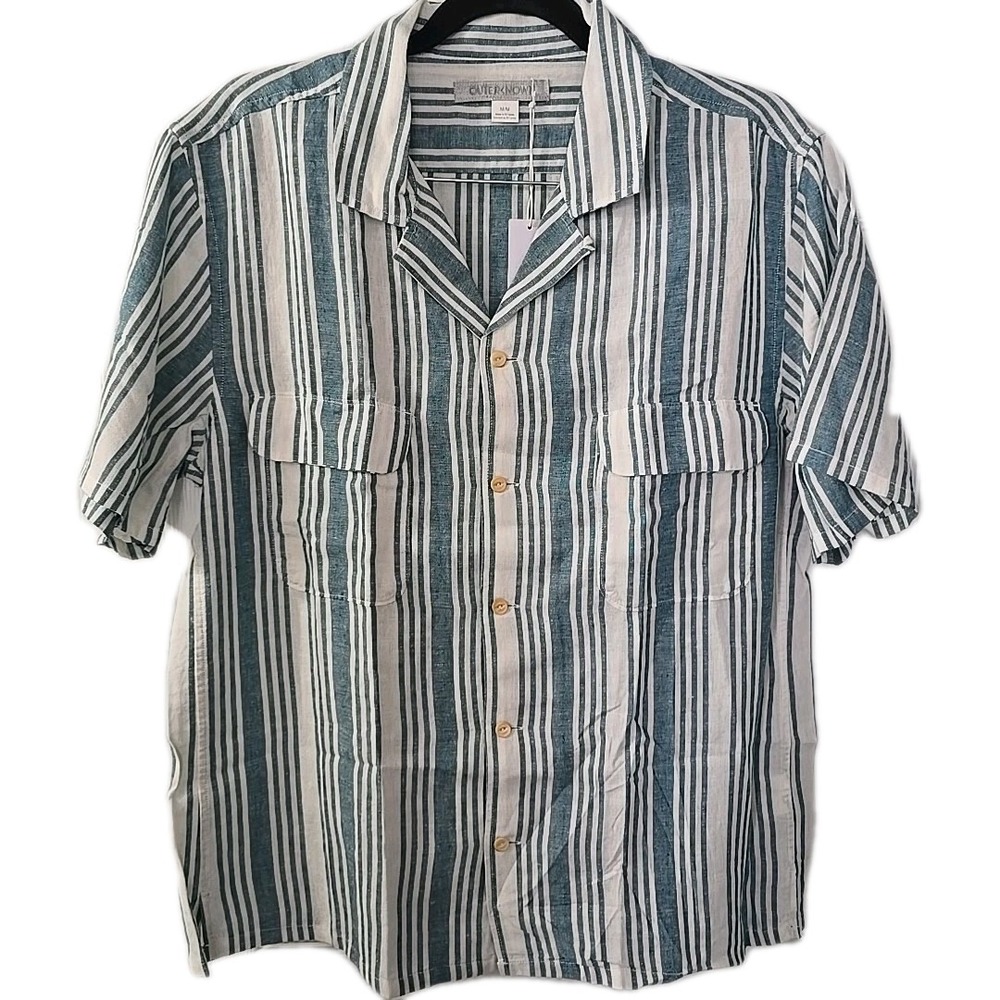 Outerknown Men's Green Striped Short Sleeve Button‎ Up Shirt Size Medium NWT $98